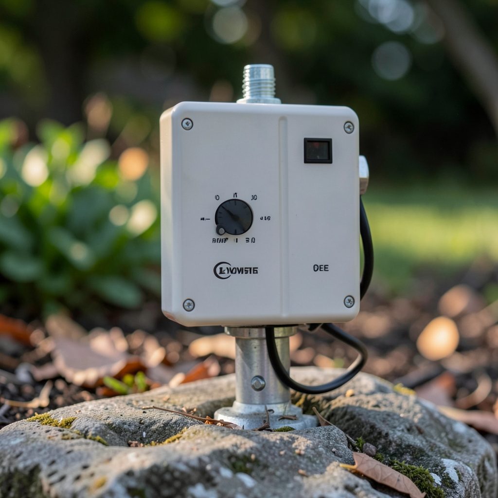 A compact outdoor lighting transformer mounted on an exterior wall, surrounded by green shrubbery in daylight.