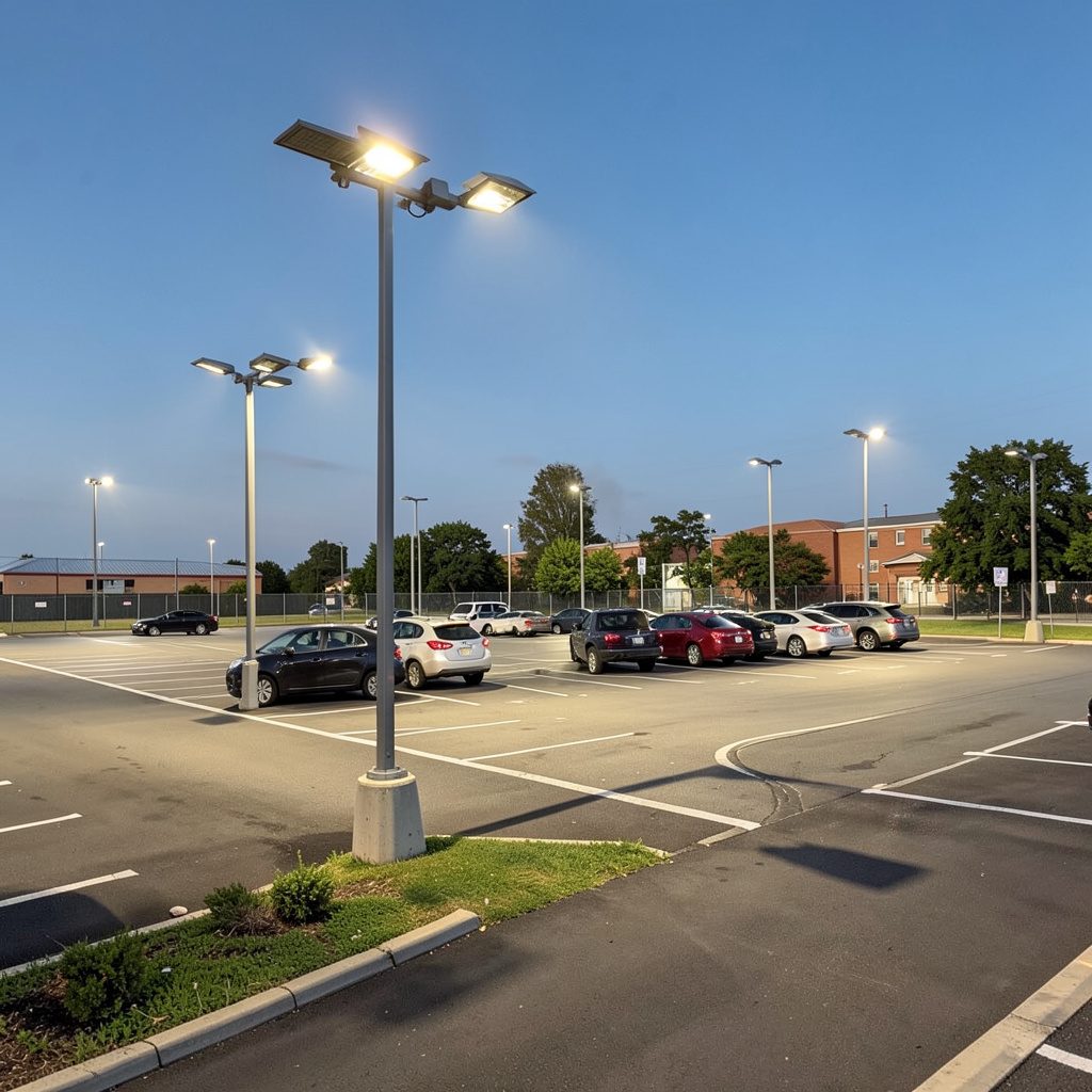 Solar streetlights illuminating a parking lot at dusk, cool white light against a deep blue evening sky