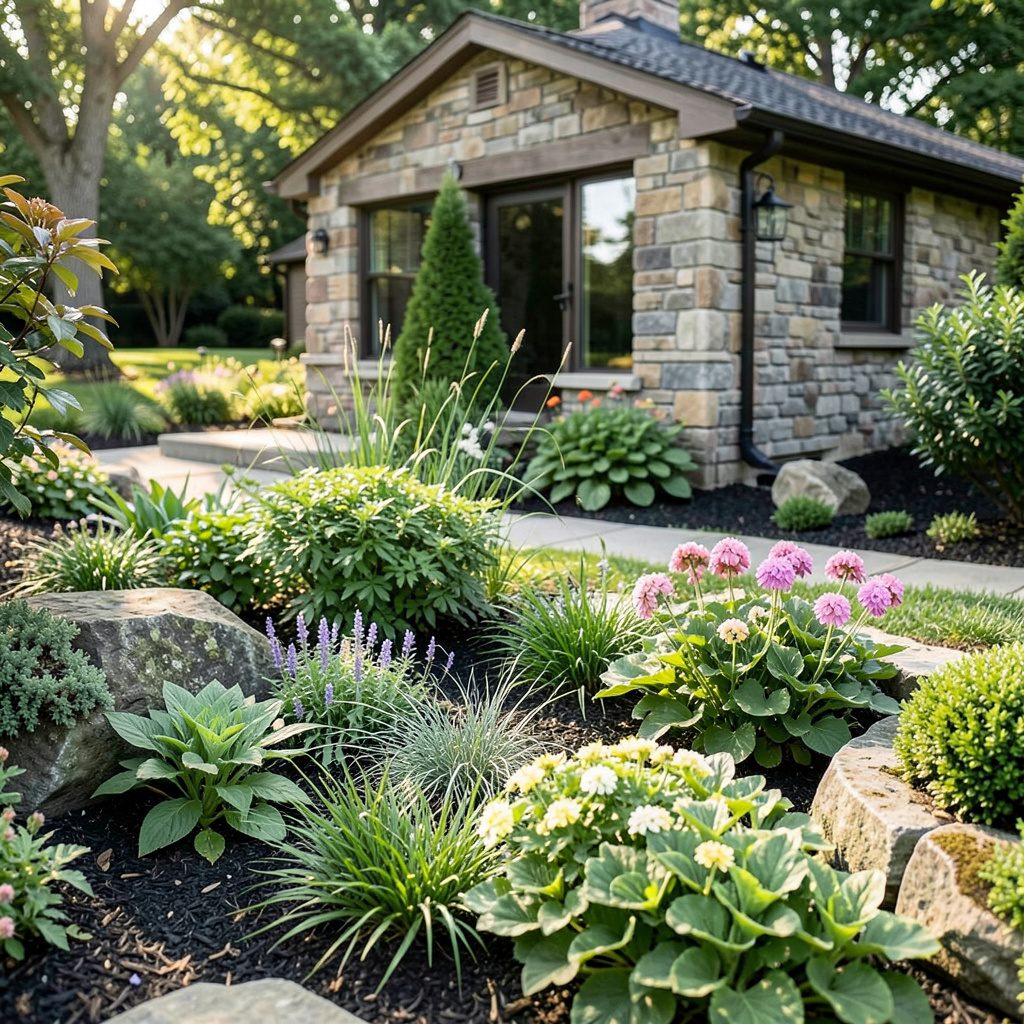 Landscape lighting along a garden path at twilight, warm golden light highlighting shrubs and stone edging