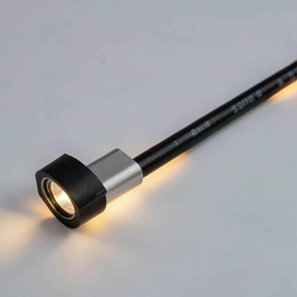 A close view of architectural lighting cable running along a modern exterior wall surface in neutral gray tones.