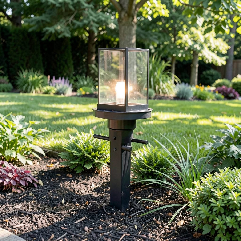 Evening landscape lighting highlighting shrubs and walkway borders in a residential yard.