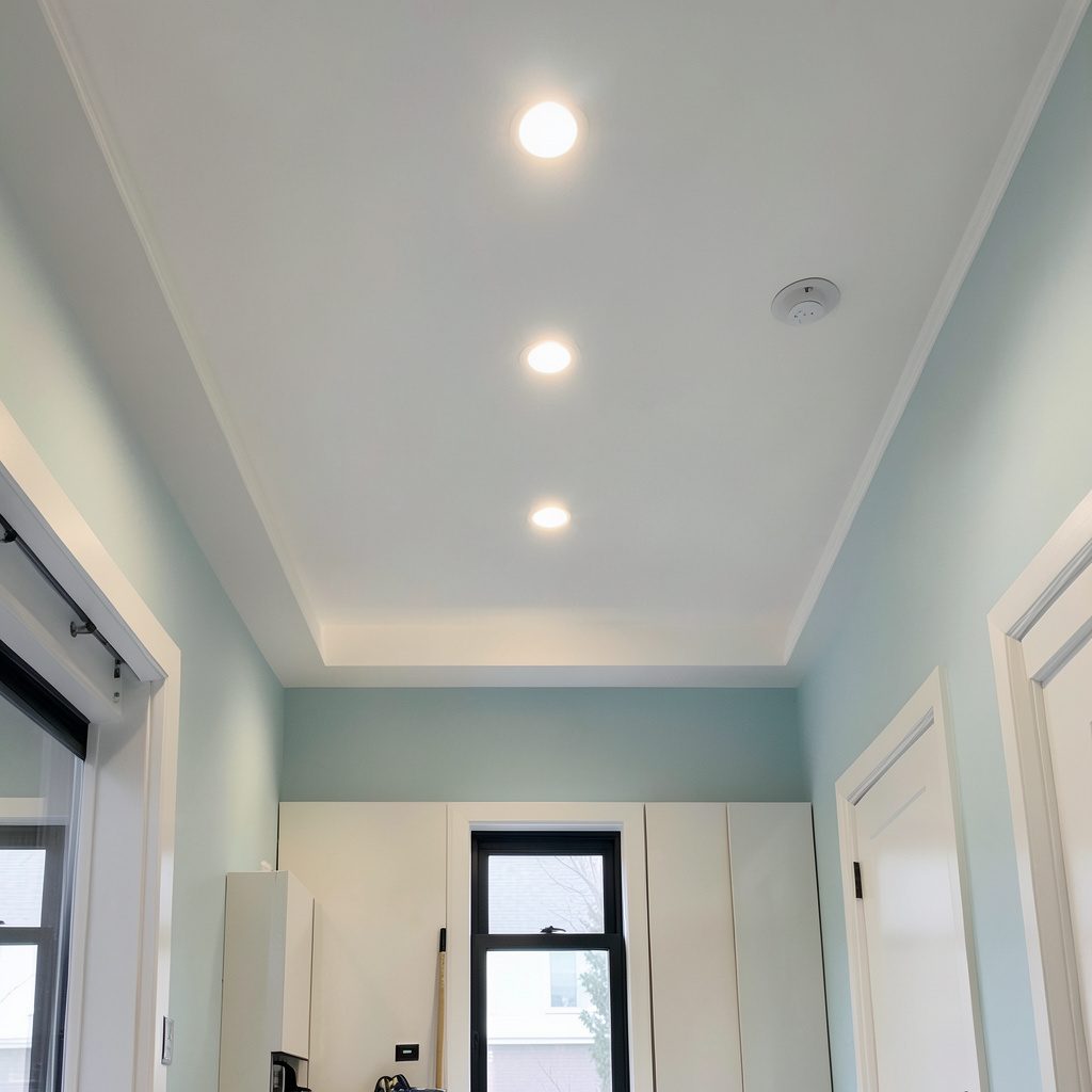 Recessed lighting installation in a room with a tall 13-foot ceiling, warm neutral tones and soft ambient glow