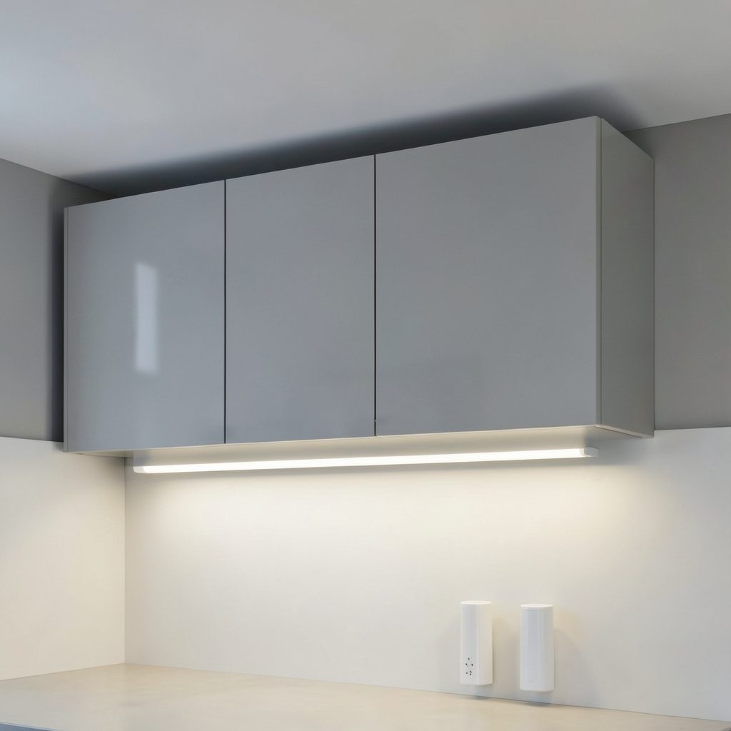 LED wireless under-cabinet lighting strip in a kitchen, bright white illumination on a clean countertop surface