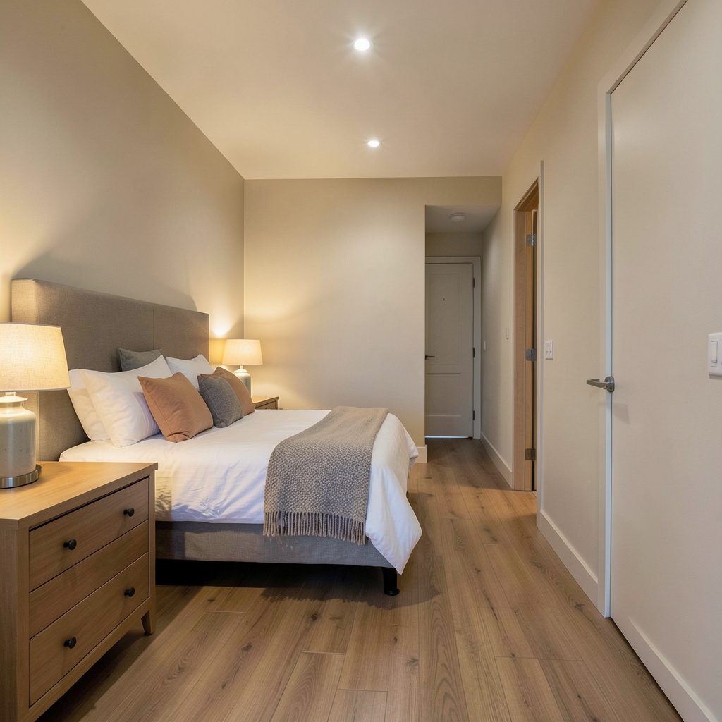 Softly lit bedroom hallway with warm wall sconces casting a gentle amber glow on neutral walls