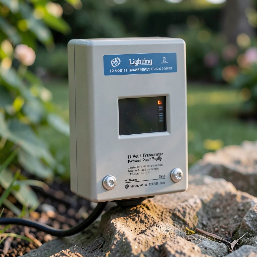 Outdoor low-voltage transformer power supply mounted on a wall, dark casing with wiring connections visible